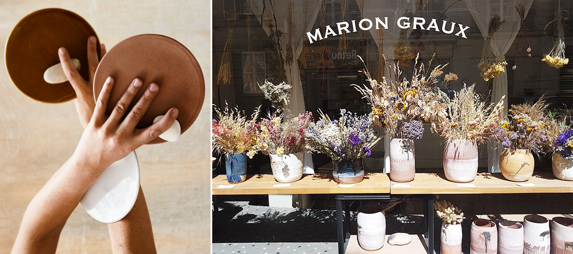 Les vaisselles et des pots de fleurs à la boutique-atelier de Marion Graux