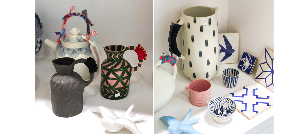 Teapots and pitchers which she customises with pieces of fabric and pearls on the handles from the portuguese swedish ceramics artisan Anna Westerlund