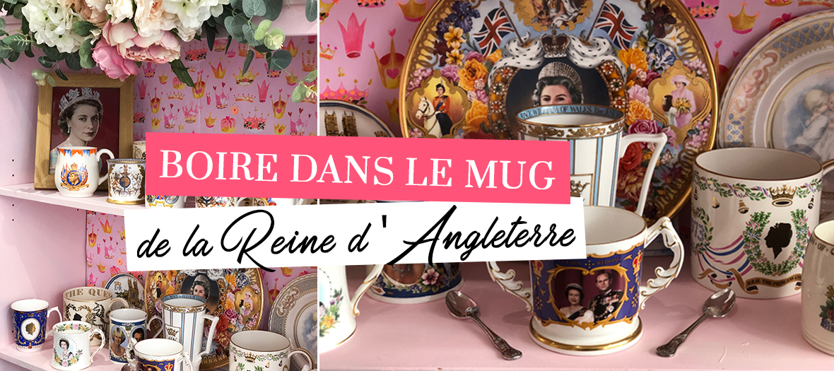 Mugs à thé vintage avec La reine d'Angleterre Elisabeth 2