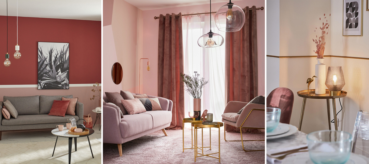 Powder pink Leroy Merlin collection with a black and white photograph, a pink velvet cushion and a small smoked glass lamp