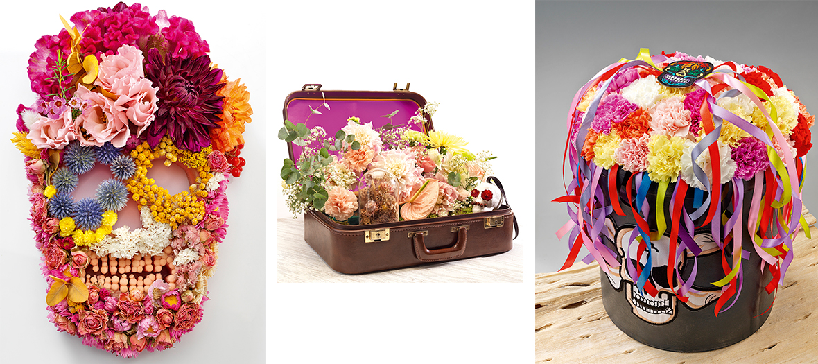 suitcase overflowing with dahlias composed by Philippa Glorian Girls&Roses, the ultra pop skull surrounded by a floral crown in the spirit of Frida Kahlo, imagined by Audrey Buschini and the amazing hat box filled with carnations and rainbow ribbons signed Luc Deschamps.