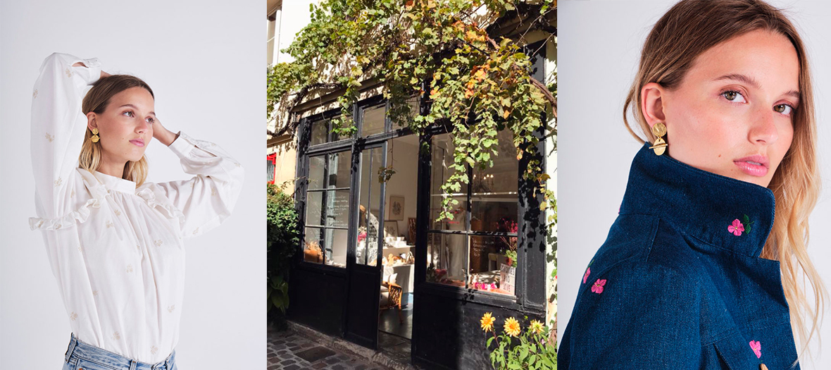 Facade de la boutique, blouse blanche en coton brodé de fleurs dorées et veste en jean avec des fleurs brodées