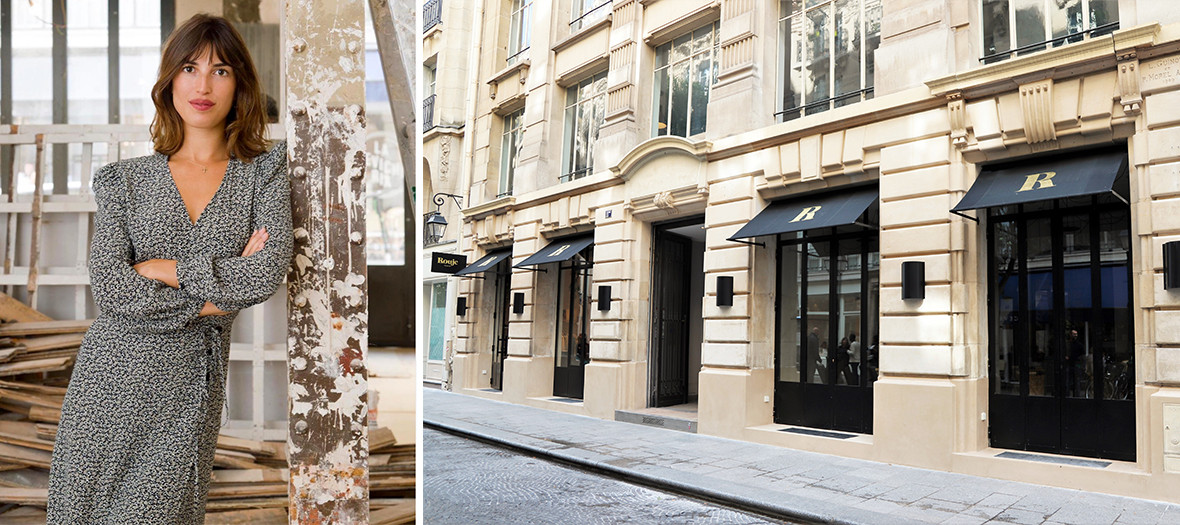 Portrait of Jeanne Damas and the exterior facade of the Rouje shop