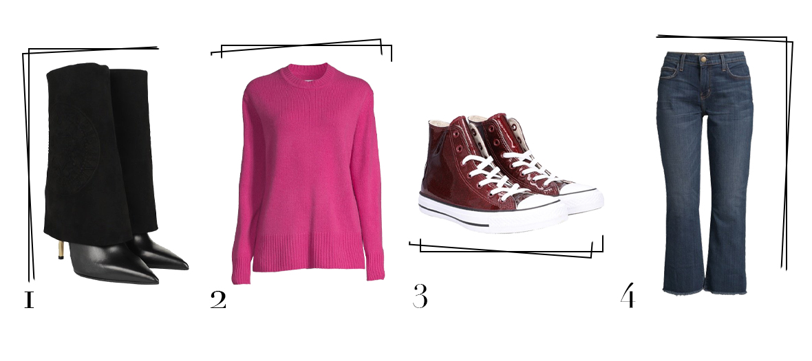 Séléction best secret avec des bottines Balmain, un pull en cachemire fuchsia, une paire de converse vernies bordeaux et un jean bien coupé.