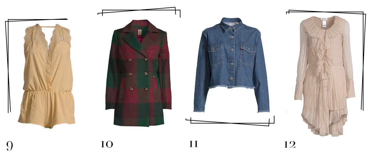 Best secret selection with a one-piece lingerie body suit, a tartan blazer-coat, a a Levi's denim jacket and a silk dress  