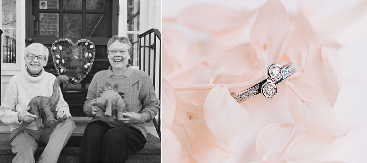 Portrait de Barbara Gittings et Kay Lahusen avec la bague Liberté et Modernité