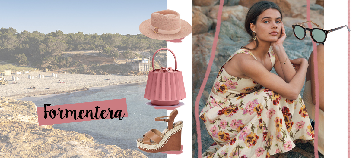 Jupe et top fleuris &Other Stories, chapeau Kiabi, sac lanterne Mlouye, Talons compensés River Island, lunettes Lesca