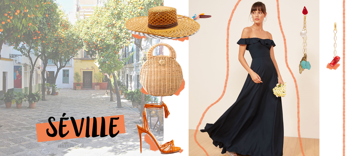 Robe Reformation, sac en osier Cult Gaia, sandales en daim Aquazzura, chapeau en paille House of Lafayette, boucles d'oreilles Timeless Pearly