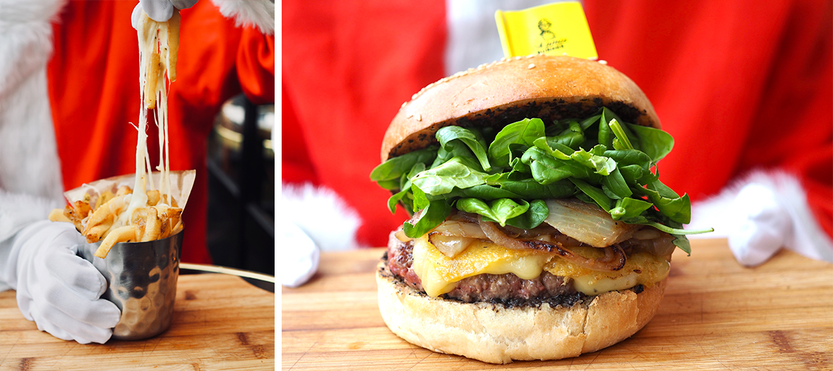 Burger avec viande de bœuf d'Aubrac, gouda à la truffe, oignons caramélisés, pousses d’épinard, crème de truffe et frites