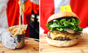 Burger avec viande de bœuf d'Aubrac, gouda à la truffe, oignons caramélisés, pousses d’épinard, crème de truffe et frites