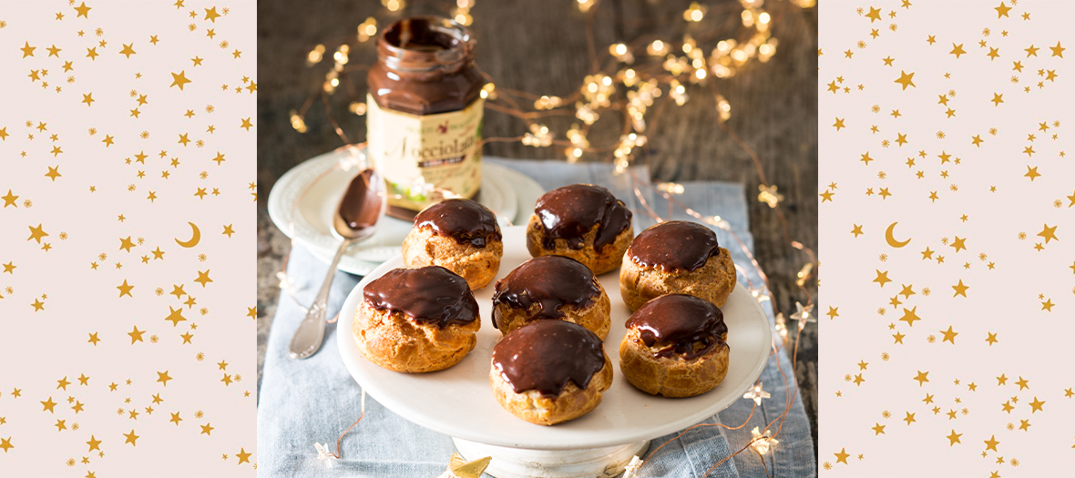 Les Choux Choco Noisettes avec lait, beurre, sucre, sel, farine, œufs, chocolat, Nocciolata