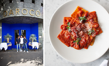 Façade du restaurant Da Roco et un plat de ravioli du chef Federico Schiavon