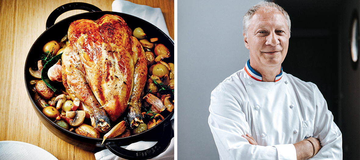 Portrait de Eric Fréchon et poulet roti