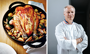 Portrait de Eric Fréchon et poulet roti