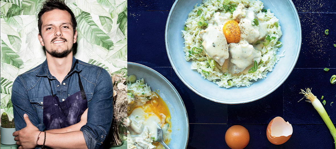 Portrait du chef Juan Arbelaez et plat de blanquette de veau au lait de coco