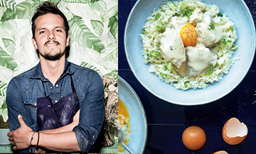 Portrait du chef Juan Arbelaez et plat de blanquette de veau au lait de coco