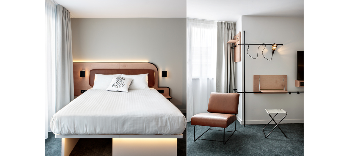 Chambre standard avec lit et mobilier design à l'hôtel Moxy à Paris