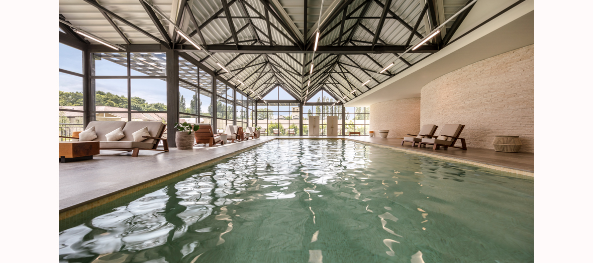The Spa & Wellness Cottage and swimming pool surrounded by trees, under a large glass roof