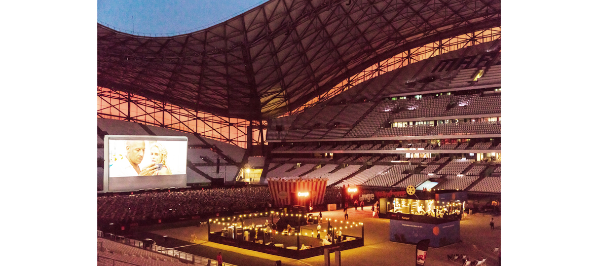 Outdoor projections of the movie Mad Max : Fury Road at the Vélodrome stadium in Marseille 