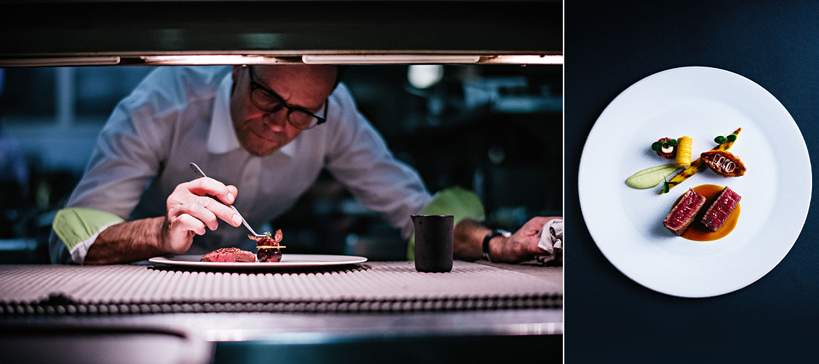 Le chef Patrick Berton préparant une Selle d'agneau au restaurant le côte d'or