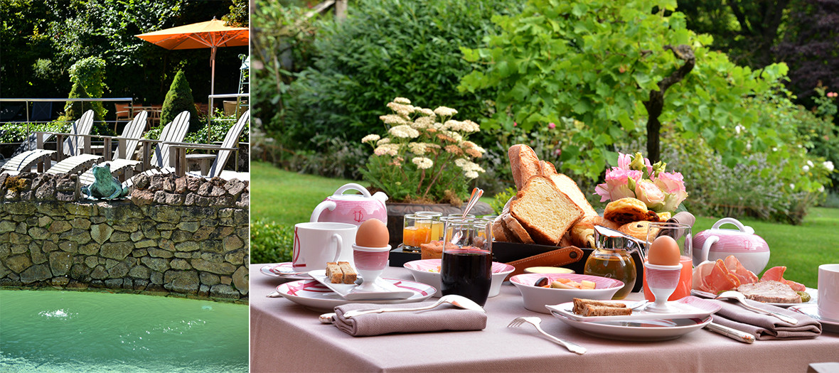 Breakfast and swimming pool in the garden of Relais Bernard Loiseau in France