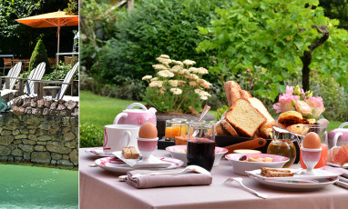 Breakfast and swimming pool in the garden of Relais Bernard Loiseau in France