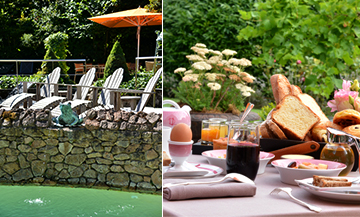 Breakfast and swimming pool in the garden of Relais Bernard Loiseau in France