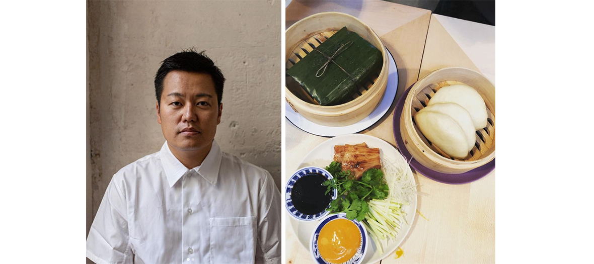 Portrait du chef Taku Sekine avec un plat de bao et garniture avec ventrèche de porc de Kintoa caramélisé, sauce soja caramel, sauce sésame piment, gingembre, carotte, coriandre au Cheval D'Or