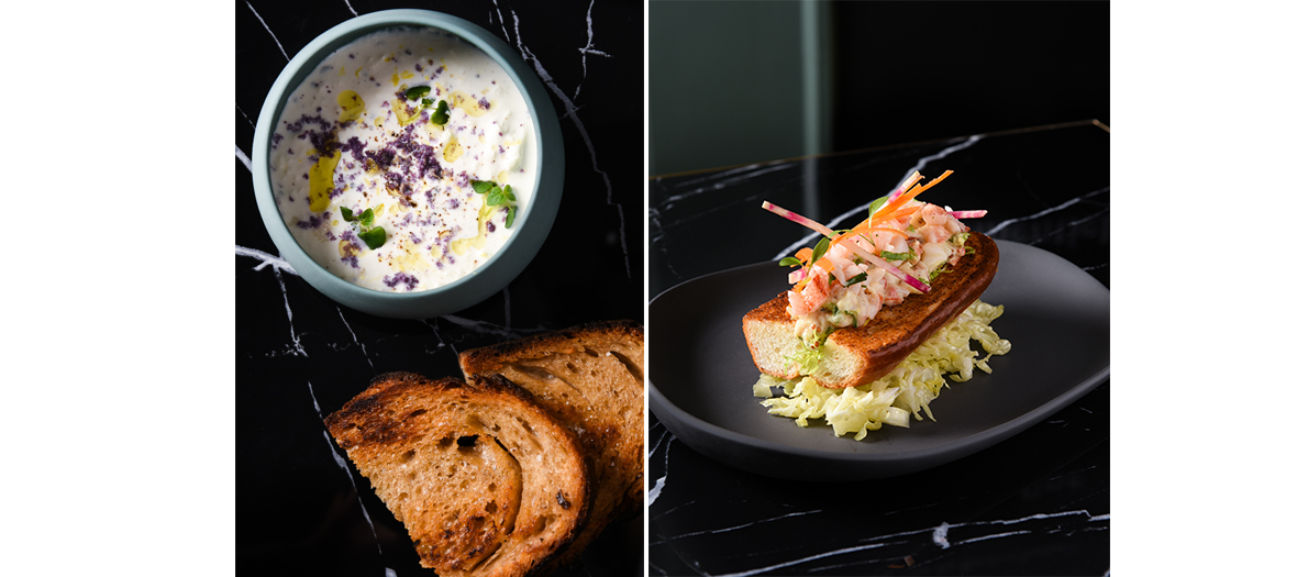 Lobster roll, Chinese cabbage & tarragon and butternut &coconut milk, chestnut and honey, rosemary at the Pipalottes restaurant in Paris