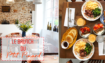 Brunch du Ptit Pinard avec pain, beurre, confitures, oeufs brouillés ou houmous, délicieux saumon gravlax ou saucisse imparable, pancakes fluffy ou pain perdu, bol de fromage blanc et granola et en fil rouge les boissons, café, thé ou chocolat chaud maison et jus d’oranges fraîchement pressées