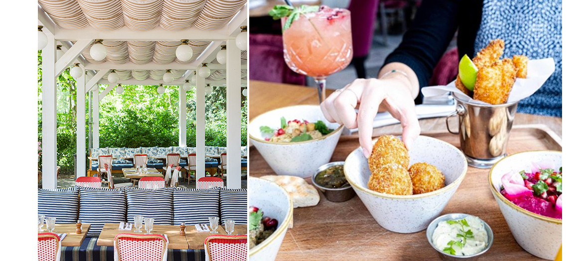 The brunch of L'Ile with nuggets of roasted pork with a chimichurri sauce, an amazing burrata, braised beets with cream of feta cheese, strawberries-chantilly and litchi spritz.