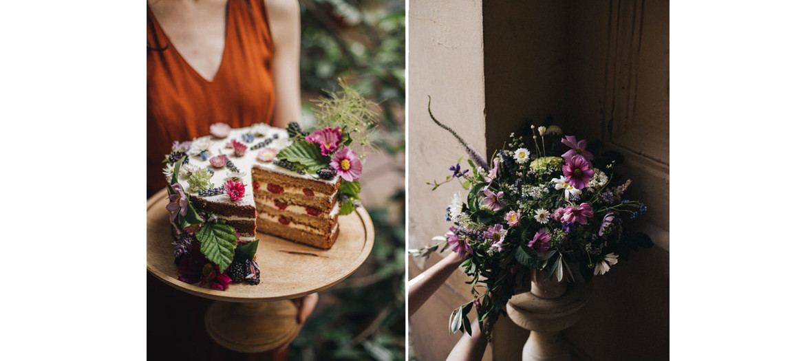 Bouquet of seasonal seasonal flowers and cherry cake at the Peonies Paris coffee-shop