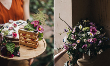 Bouquet of seasonal seasonal flowers and cherry cake at the Peonies Paris coffee-shop