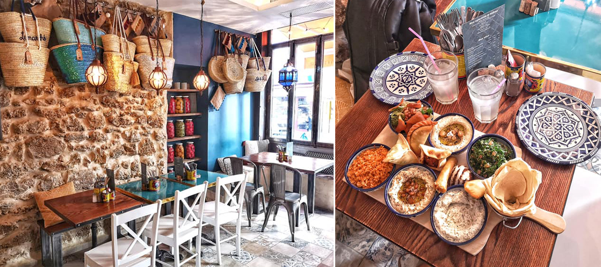 Décoration avec des théières, pochettes, savon d’Alep, paniers en osier, sirops de rose et Plat d'arayes, falafels, mezzés végétariens du restaurant L'Artisan Libanais