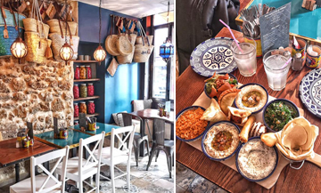 Décoration avec des théières, pochettes, savon d’Alep, paniers en osier, sirops de rose et Plat d'arayes, falafels, mezzés végétariens du restaurant L'Artisan Libanais