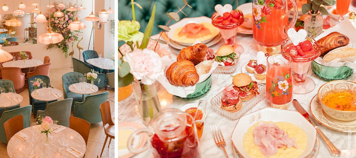 Room decoration and croissant table, squeezed fruit juice, strawberries, madelaine, bread and tea from Patisserie Bontemps