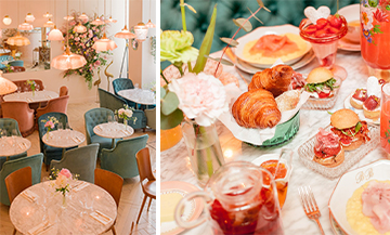 Room decoration and croissant table, squeezed fruit juice, strawberries, madelaine, bread and tea from Patisserie Bontemps