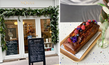 raspberry tartlets and facade of the Noglu Le Paradis restaurant