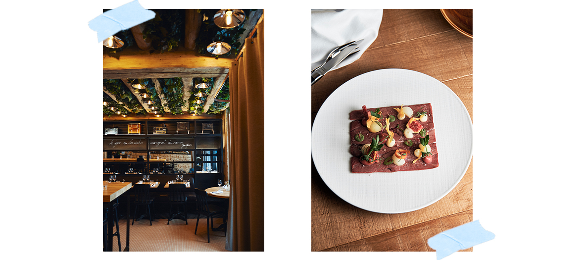 Bistro Dupin with exposed beams, a vegetal ceiling and a large table d'hôtes where you can taste old vegetables - minced cooked duck and figs, butternut-chestnuts-mushrooms and scallops by young chef Nathan Helo