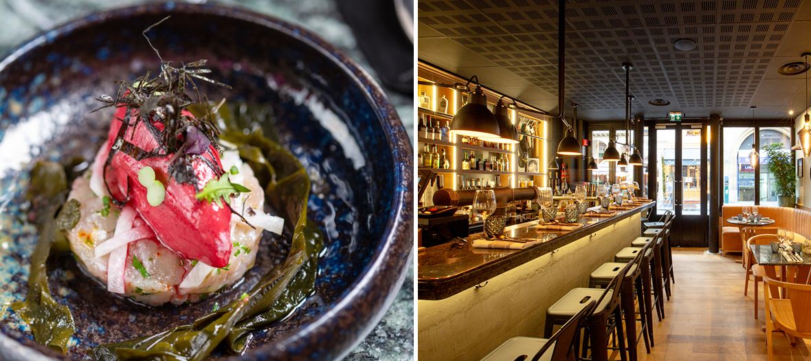 Plat de cuisses de grenouille à dipper dans la purée, des croquettes de bœuf façon carbonade accompagnées de pommes Pont Neuf et Bar à Cocktail du restaurant du Comptoir des Fables