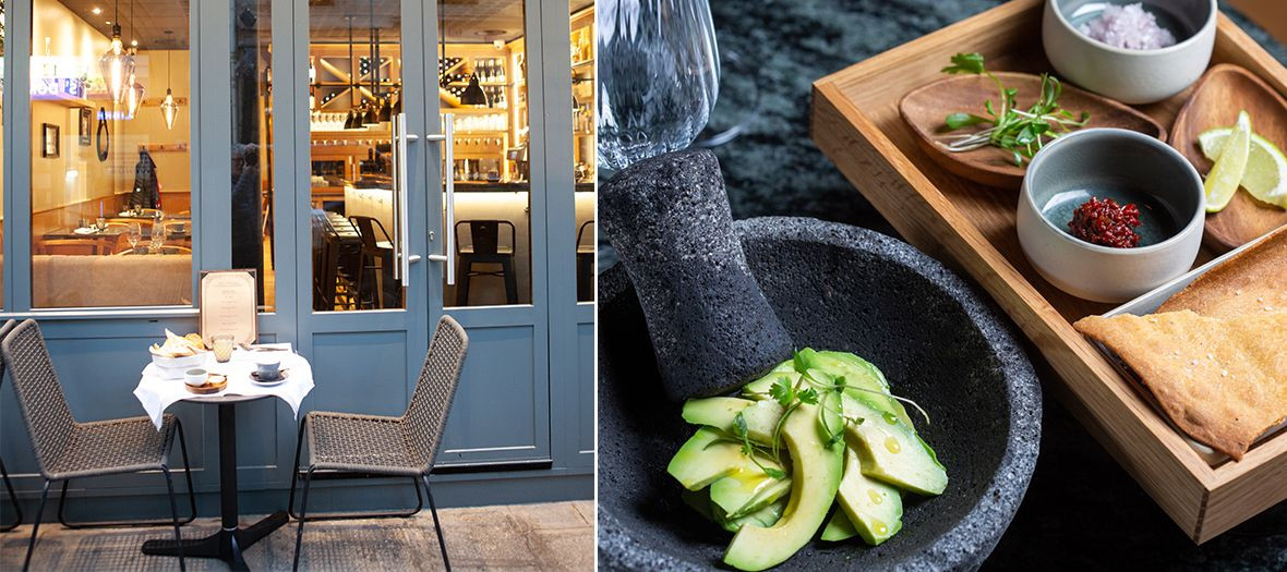 Avocado salad dish and Facade of Le Comptoir Des Fables restaurant