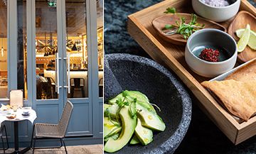 Avocado salad dish and Facade of Le Comptoir Des Fables restaurant