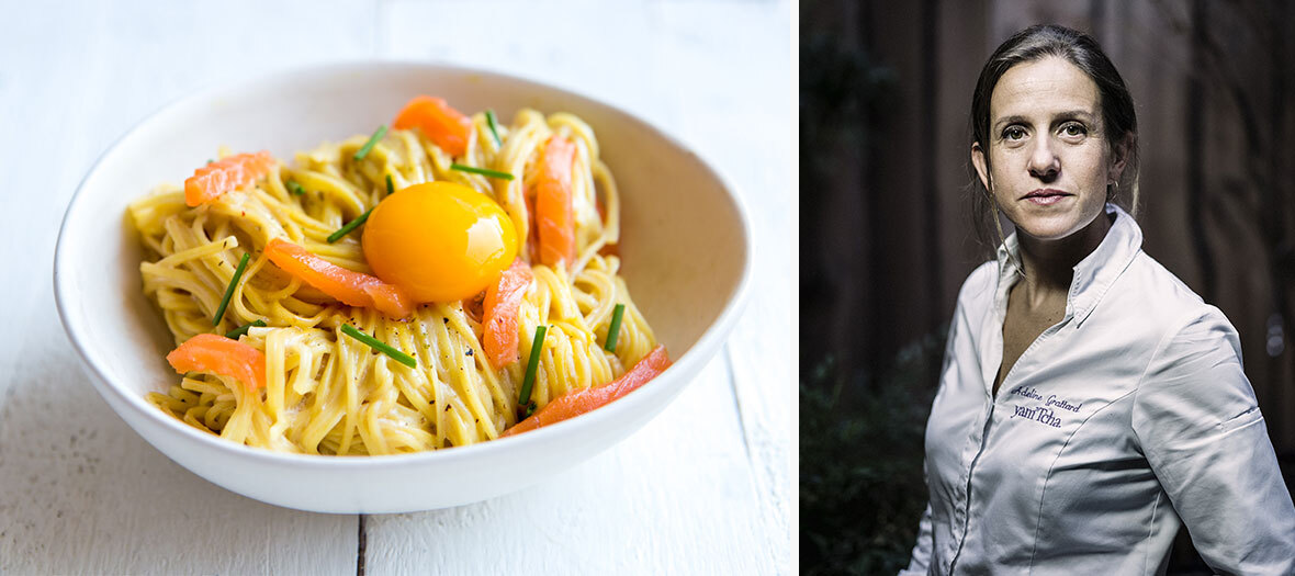 Chinese noodles à la carbonara cooked by the star chef Adeline Grattard 