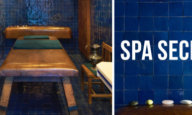 cabin massage with Blue tiles, leather table, an incredible composition of dried flowers on the ceiling, sound track signed Jean-Sébastien Bachand candles to embalm the atmosphere with an almost monastic fragrance at Officine Buly in Paris