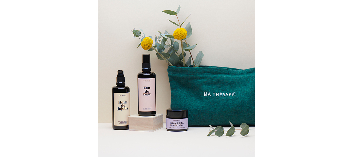 Mathetherapy products with jojoba oil, rose water and jojoba cream, rose, lavender