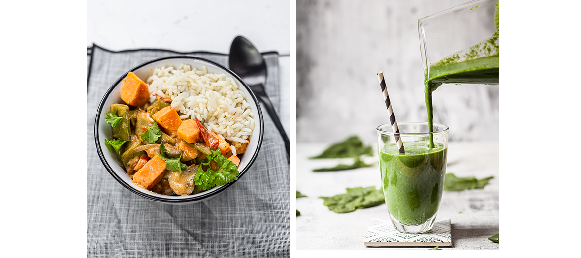 Un smoothie vert à préparer 20 minutes avant de le déguster pour le petit déjeuner et Un curry végétarien pour le dîner.