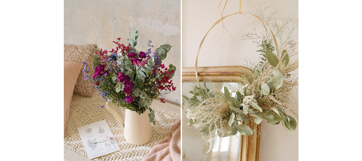 couronnes et bouquets de fleurs eco-friendly, naturellement séchées à l'atelier Bergamotte à Paris