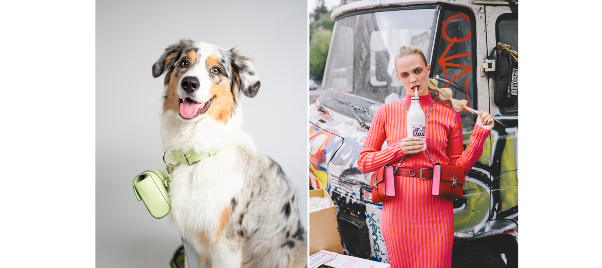 Portrait of designer Astrée and her dog Pietra wearing a clutch necklace from the LeDog collection