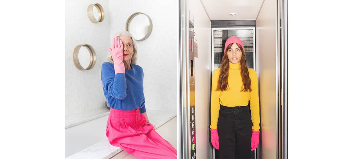 the rainbow V-neck poncho , the cuffed fuchsia bonnet, the long oversize cardigan and the superb blue lagoon cropped round collar at the Absolute Cashmere Boutique in Paris
