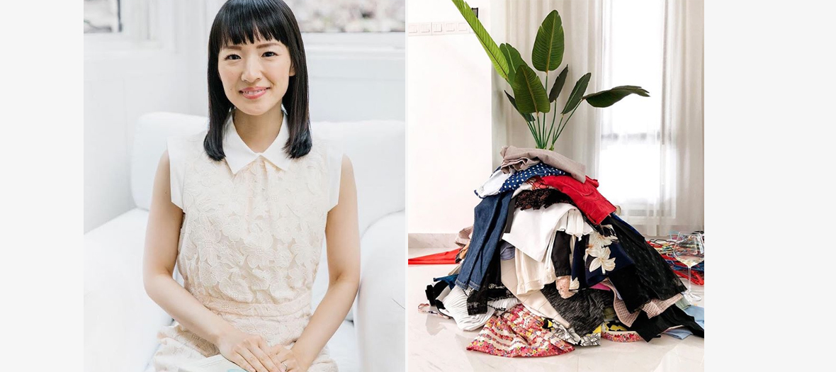 Portrait de Marie Kondo et ses vetement trié pour Vinted